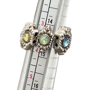 VINTAGE STRETCH RING W BLUE, GREEN & YELLOW CRYSTALS SET IN DARKENED SILVER